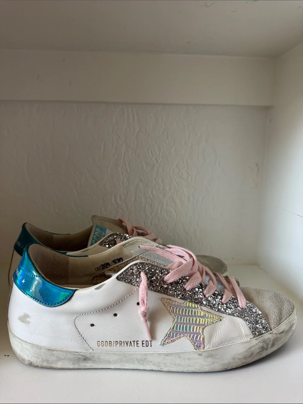 Golden Goose Limited Edition White Sneakers with Pink Laces, Silver Glitter
